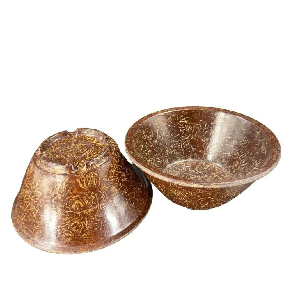 Vintage Permelite Melamine Faux‎ Wood USA Dish Bowl Marked On Bottom Set 2 Pcs